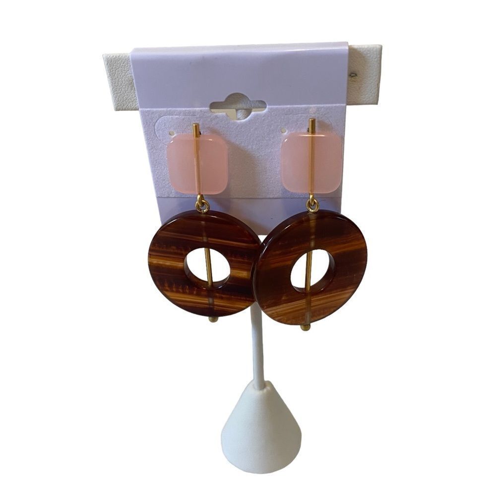 Two Tone Acrylic Lightweight Open Circle Drop Earrings in Peach & Tortoise.